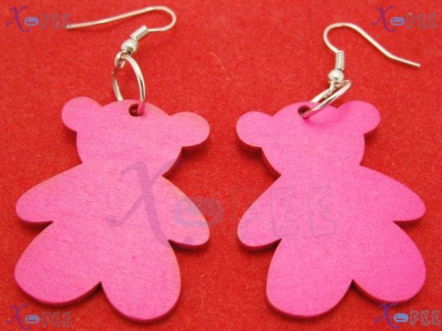 mteh00017 New Woman Jewelry Design Cute Pink Bear Wooden 925 Sterling Silver Hook Earrings 3