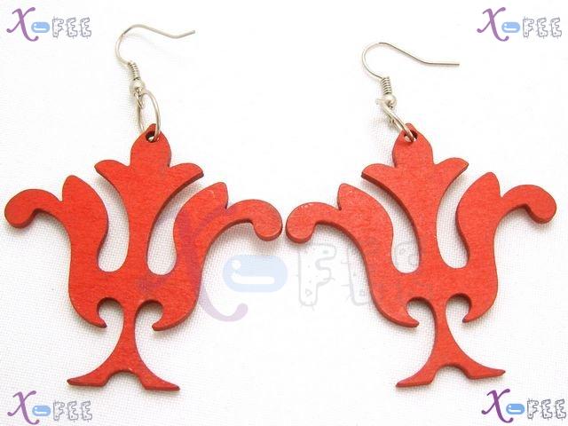 mteh00097 New Bohemai Jewelry Design Wooden Red Flower 925 Sterling Silver Hook Earrings 1