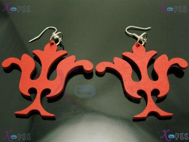 mteh00097 New Bohemai Jewelry Design Wooden Red Flower 925 Sterling Silver Hook Earrings 2