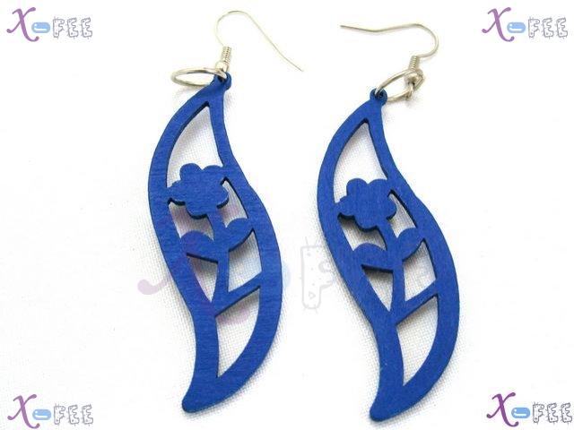 mteh00136 New Fashion Jewelry Crafts Blue Leaves Wooden 925 Sterling Silver Hook Earrings 1
