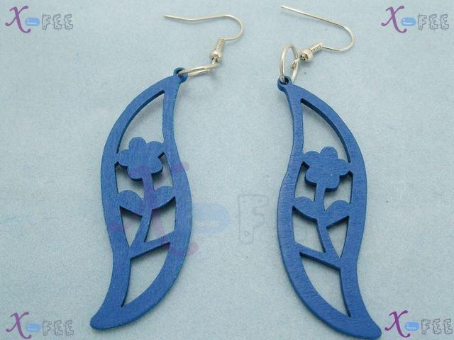 mteh00136 New Fashion Jewelry Crafts Blue Leaves Wooden 925 Sterling Silver Hook Earrings 2