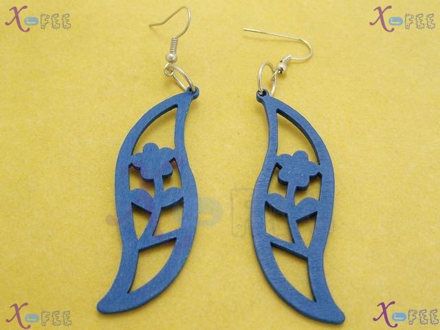 mteh00136 New Fashion Jewelry Crafts Blue Leaves Wooden 925 Sterling Silver Hook Earrings 3
