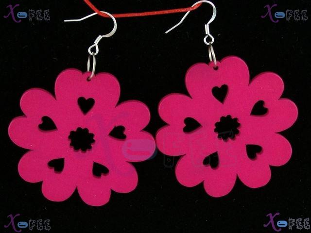mteh00263 Hot Bohemia Fashion Jewelry  Pink Flower Crafts Wood 925 Sterling Silver Earring 1