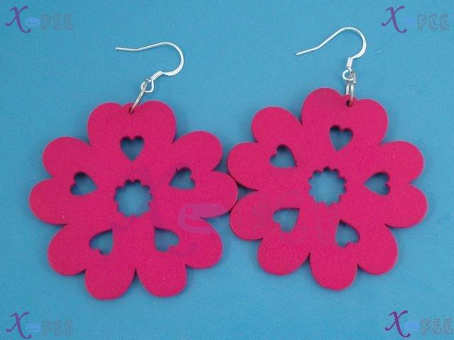 mteh00263 Hot Bohemia Fashion Jewelry  Pink Flower Crafts Wood 925 Sterling Silver Earring 3