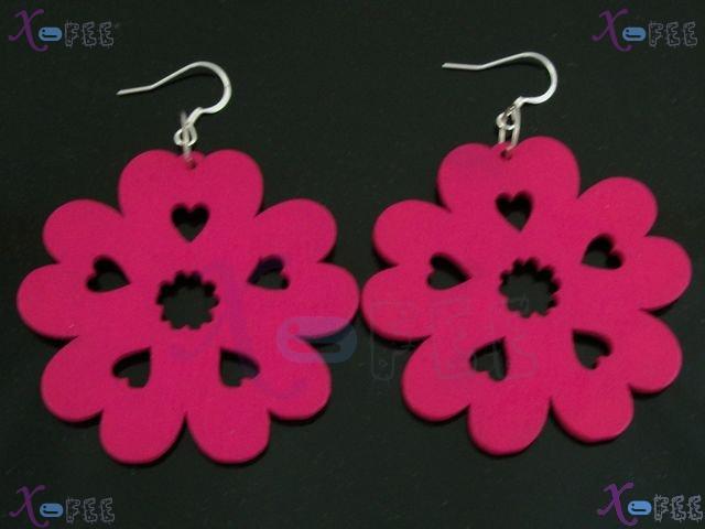 mteh00263 Hot Bohemia Fashion Jewelry  Pink Flower Crafts Wood 925 Sterling Silver Earring 4