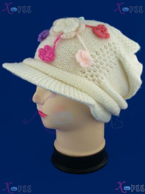 mzst00313 White Knit Woman Accessory Collection Ornament Flower Winter Cap Beret Visor Hat 1