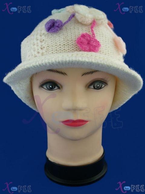 mzst00313 White Knit Woman Accessory Collection Ornament Flower Winter Cap Beret Visor Hat 2