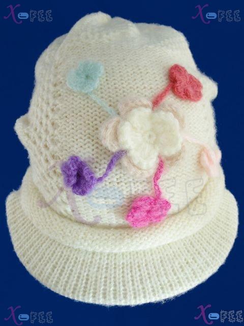 mzst00313 White Knit Woman Accessory Collection Ornament Flower Winter Cap Beret Visor Hat 3