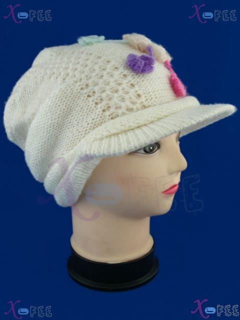 mzst00313 White Knit Woman Accessory Collection Ornament Flower Winter Cap Beret Visor Hat 4