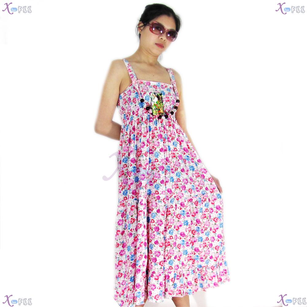 qz00019 Hawaii Colorful Floral Cotton Elastic Skirt Beach Sun Wood Necklace Long Dress 1