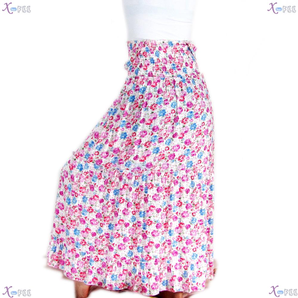 qz00019 Hawaii Colorful Floral Cotton Elastic Skirt Beach Sun Wood Necklace Long Dress 3