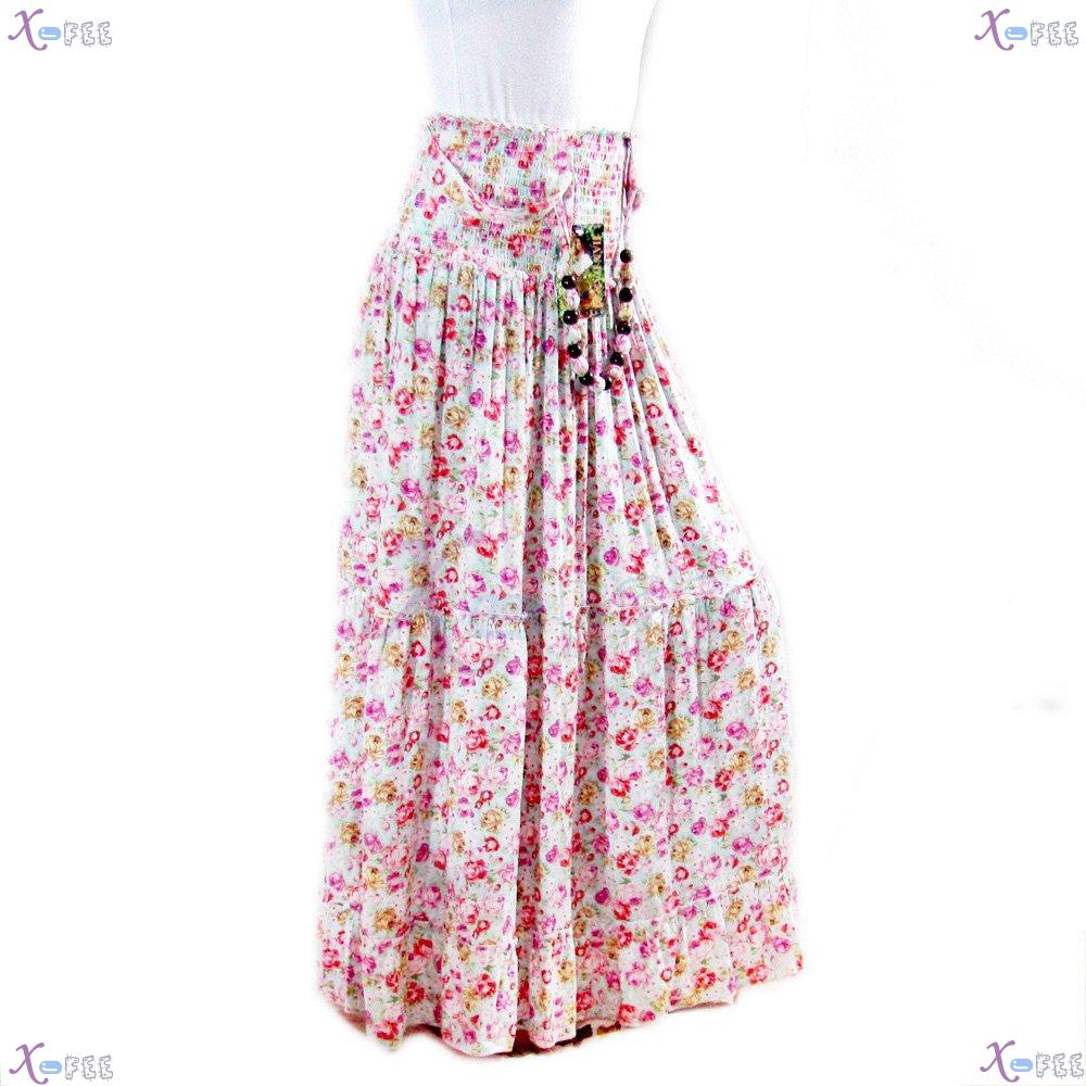 qz00020 Hawaii Colorful Floral Cotton Skirt Beach Wood Necklace Elastic Long Sundress 2