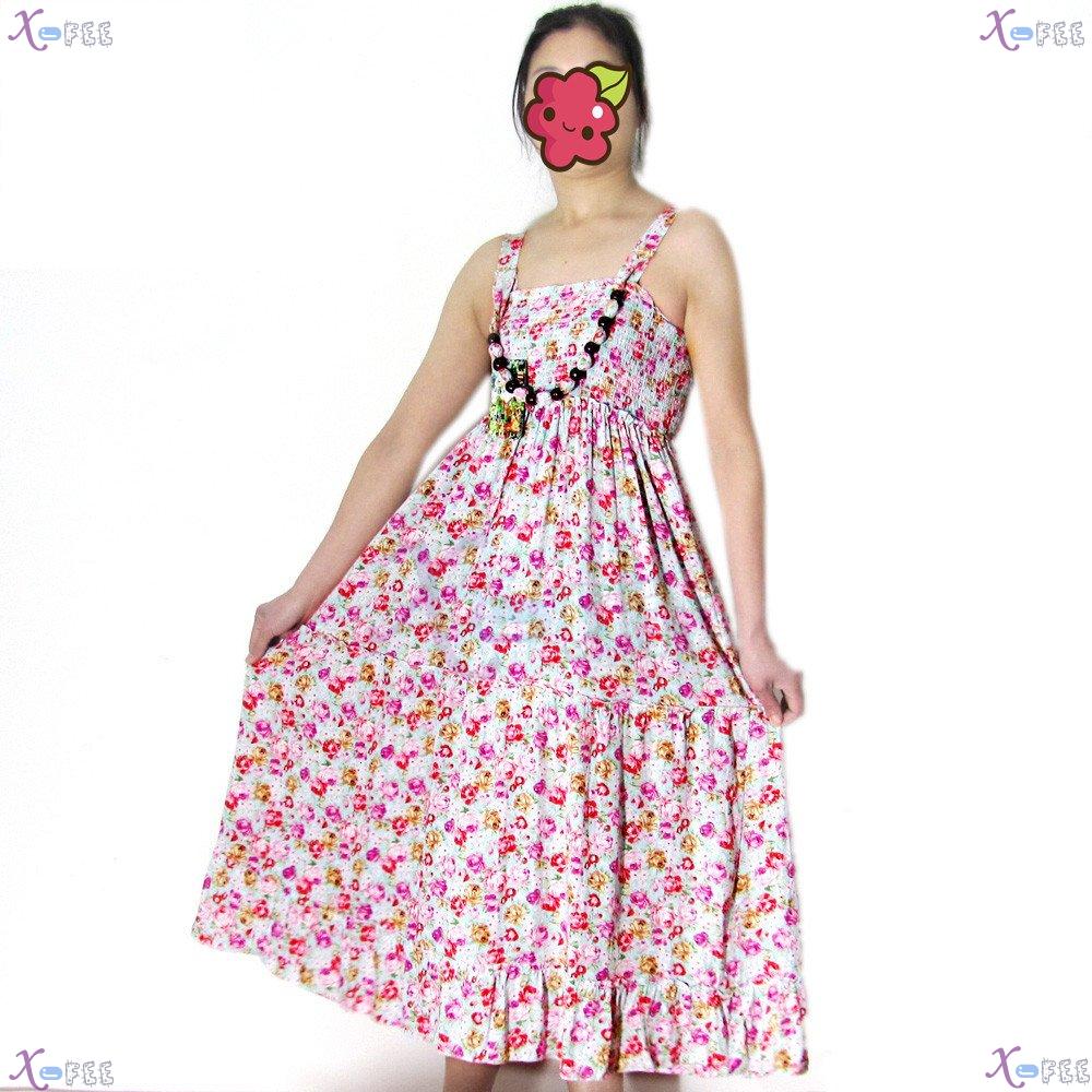qz00020 Hawaii Colorful Floral Cotton Skirt Beach Wood Necklace Elastic Long Sundress 3
