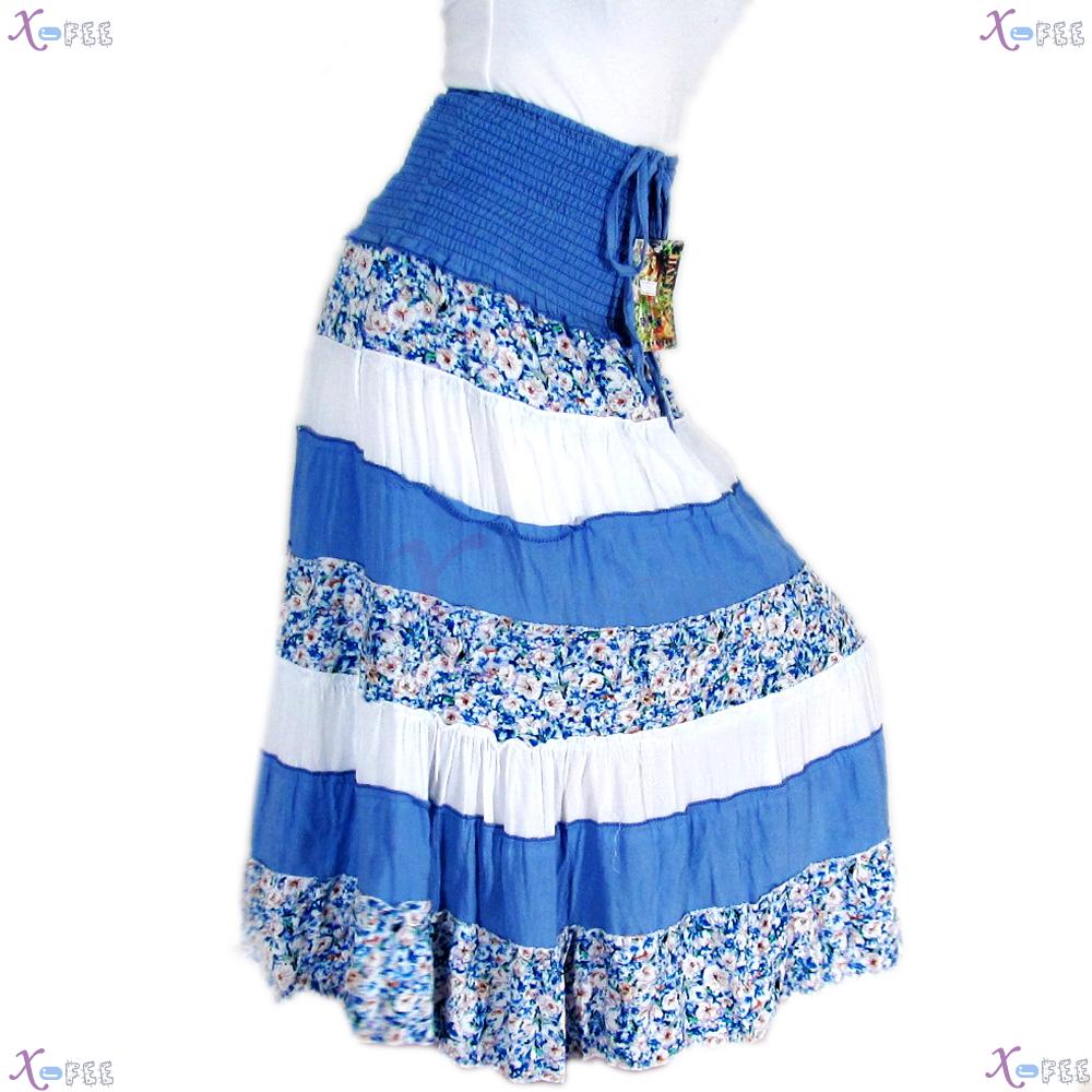 qz00021 Hawaii Floral Cotton Blue White Skirt Beach Elastic Soft Yarn Lining Sundress 3