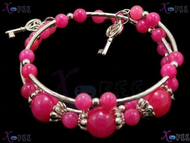 sl00580 Free Size Tibetan Pink Agate Alloy Bead Flower Cap Charms Silver Tribal Bracelet 1