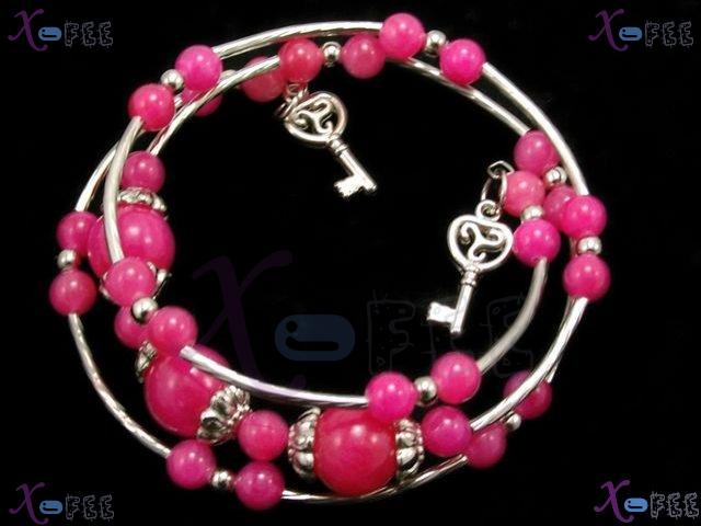 sl00580 Free Size Tibetan Pink Agate Alloy Bead Flower Cap Charms Silver Tribal Bracelet 2