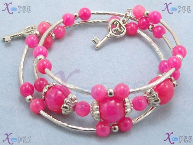 sl00580 Free Size Tibetan Pink Agate Alloy Bead Flower Cap Charms Silver Tribal Bracelet 4