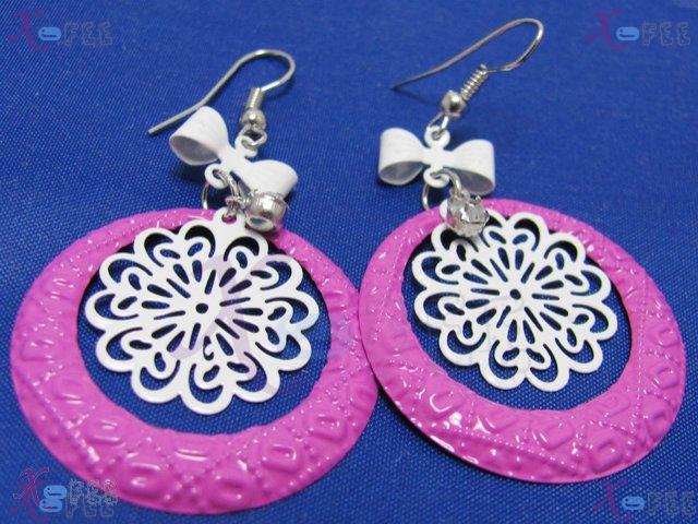 tseh00421 Pink White Snowflake Copper Rhinestone Bowknot Earrings 3