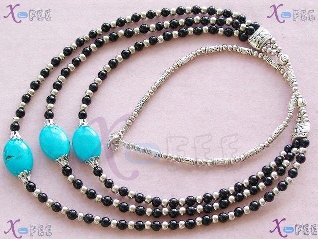 tsxl00704 3S Tibetan Jewelry Turquoise Black Onyx Beads Silver Flower CAP Tribal Necklace 3